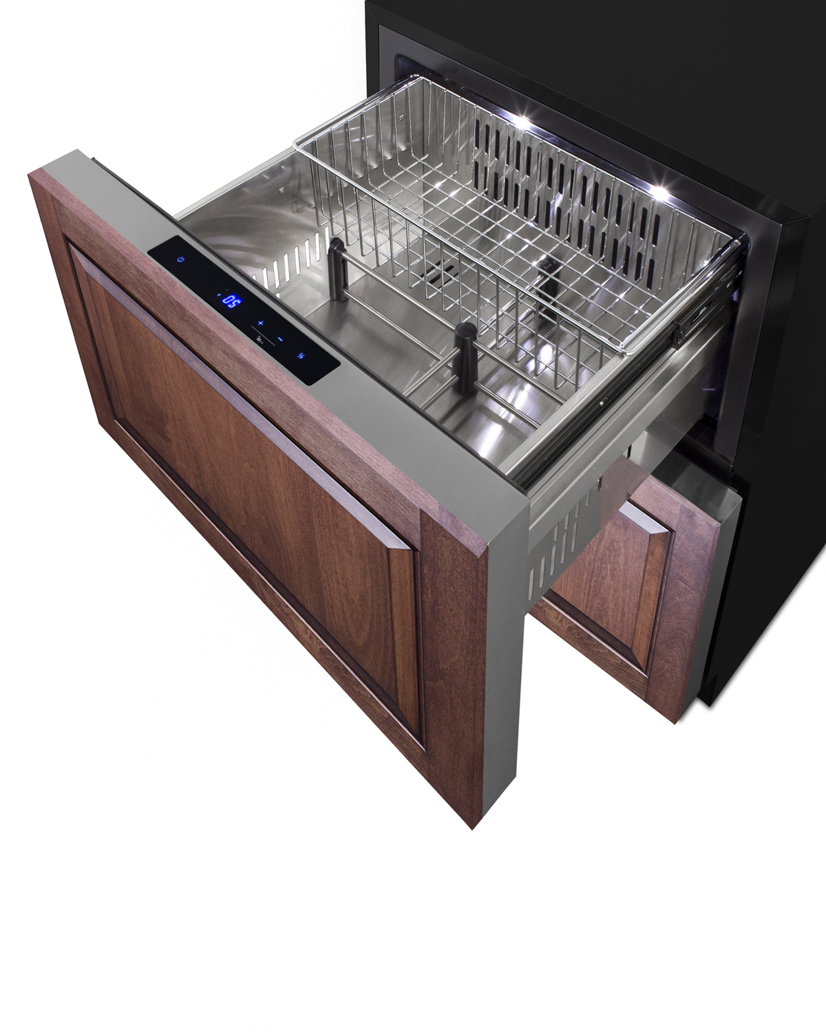 24 in. wide ADA compliant 2-drawer frost-free freezer for indoor or outdoor residential or commercial use, with panel-ready stainless steel drawer fronts, black cabinet, and digital controls
